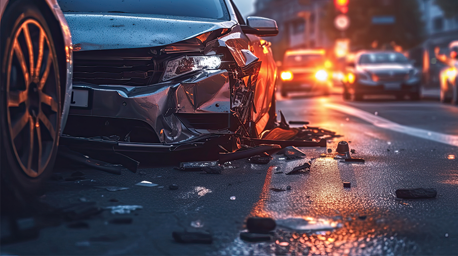 Hit and run concept. Injured man on road in front of a car.